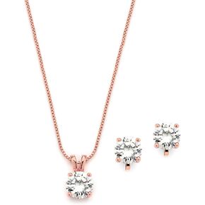 Mariell 14K Rose Gold Plated Cubic Zirconia Jewelry Set - 2cwt Round Pendant with 8mm Clip-On Earrings