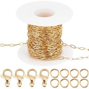 Beebeecraft 1 Box 5M Flat Oval Paperclip Chains 18K Gold Plated Brass 6mm Oval Chunky Link Necklace with 20Pcs Lobster Claw Clasps 50Pcs Jump Rings for Jewelry Making