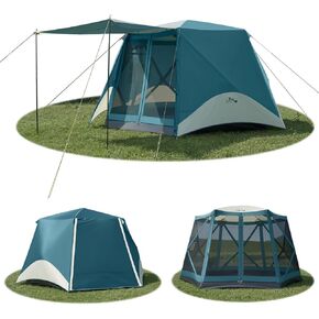 2-in-1 Instant Tent and Screen Tent, 6 Person Camping Tent with Porch, Large Family Cabin Tents with Rainfly, Hexagonal Design Hub Tent for Camping, Easy Up Big Tent for Outdoor Picnic