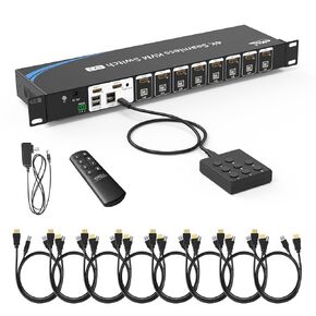 eKL 8 Port Real Seamless Switching HDMI KVM Switch 8 Computers 4K@30Hz 1U Rack Mount, 3.5mm Audio Extractor, Desktop Controller, Hotkey, Mouse, RS232 Code Switching