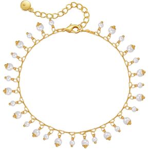 Dainty Gold Ankle Bracelets for Women Girls, 18K Gold Plated Layered Pearl Anklet Waterproof Cubic Zirconia Shell Chain Anklets Boho Summer Beach Jewelry Gifts