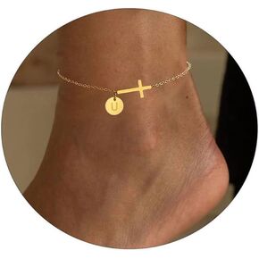 Gold Initial Anklet Bracelets for Women Girls, Dainty Waterproof 14K Gold Cross Anklet Personalized A-Z Disc Letter Ankle Bracelet Summer Beach Jewelry Friendship Gifts