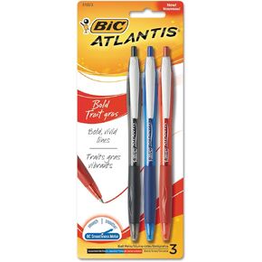 BIC Atlantis Bold Retractable Ballpoint Pen, Bold Point (1.6mm), Assorted Colors, Comfortable Rubber Grip, 3-Count