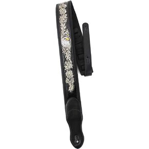 Walker & Williams KB-03-BLK Soft Black Premium Grain Leather Center Block Padded Guitar Strap With Carved American Eagle & Oak Leaves For Acoustic, Electric, And Bass Guitars