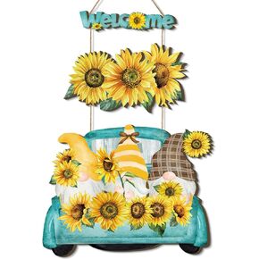 Sunflower Gnome Welcome Sign Sunflower Decor for Front Door Sunflower Kitchen Decor Wooden Sunflower Gnome Hanging Sign for Summer Front Door Porch Farmhouse Outdoor Home Decor