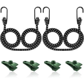 Vashly Bungee Cords with Hooks 12 Inch Bungee Cords Heavy Duty Outdoor with Tarp Clips 10 Pack, Black Bungee Straps with Metal Hooks for Bikes Tie Downs Camping Cargo Luggage Outdoor