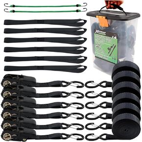XSTRAP STANDARD Ratchet Tie Down Straps - 6 Pack 1" x 15' - 1890 lbs Breaking Strength, Safety Lock S Hooks, with 6 Soft Loops, 2 Bungee Cords, Logistic Cargo Straps for Moving Appliances, Motorcycle