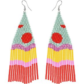 Colorful Beaded Tassel Earrings Drops - Boho Hypoallergenic Lightweight Rainbow Dangle Earring,Summer Beach Surfer Bead Ear Rings Waterproof Statement Jewelry Holiday Birthday Gift for Her Women Girl
