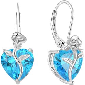 FJ Heart Dangle Drop Earrings 925 Sterling Silver Rose Flower Leverback Earrings Birthstone Jewelry Gifts for Women