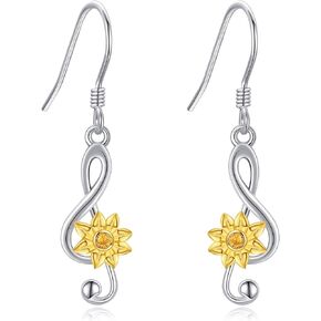 Music Note Earrings 925 Sterling Silver Sunflower Treble Clef Dangle Drop Earring Music Note Jewelry Birthday Gifts for Women Girls Music Lover