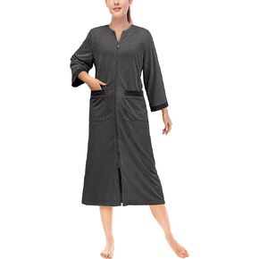 PAVILIA Women Zipper Robe, Long Summer Zip Up Bathrobe Pocket, Lightweight Loungewear Dress Sleepwear Housecoat Nightgown