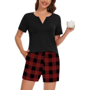 Anyally 2 Piece Women's Summer Short Sleeve Pajama Sets, Plus Size Lounge Sleepwear Ladies Shorts Pjs Sets with Pockets