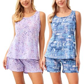 PNAEONG 2 Pack Womens Pajama Set Cotton Sleepwear Tank & Short Pajamas Sets Fun Prints Two-Piece Pjs S-3XL