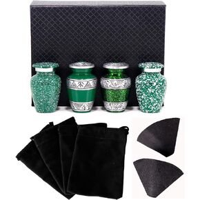 Small Urns for Human Ashes of Adult Male Female | Set of 4 Green Keepsake Vials for Funeral Remains with A Paper Funnel 4 Velvet Bags and A Beautiful Gift Box | Keepsakes and Urns