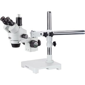 AmScope SM-3TX Professional Trinocular Stereo Zoom Microscope, WH10x Eyepieces, 3.5X-45X Magnification, 0.7X-4.5X Zoom Objective, Ambient Lighting, Single-Arm Boom Stand, Includes 0.5X Barlow Lens