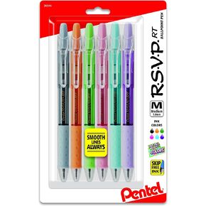 Pentel RSVP RT Pastel Barrel, Retractable Ballpoint Pen, (1.0mm) Med, Assorted Ink (6-Pk)