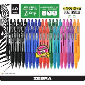 Zebra Pen Z-grip Colored Pens Ballpoint - Retractable Pens - Medium Point - 1.0mm - Assorted Fashion Colored Ballpoint Pens - Bulk Pack of 40 Pieces