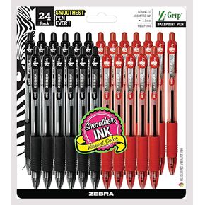Zebra Pen, bulk pack of 24 ink pens, Z-Grip Retractable ballpoint pens Medium point 1.0 mm, 12 black pens & 12 Red pens combo pack