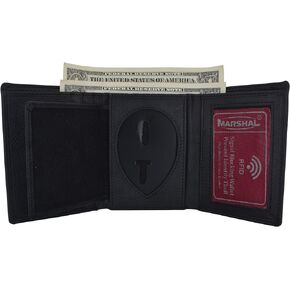 RFID Blocking Genuine Leather Trifold Badge Holder Wallet Black, Police Badge Holder
