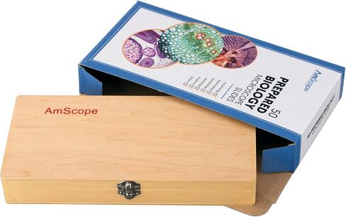 AmScope PS50A Prepared Microscope Slide Set for Basic Biological Science Education, 50 Biology and Pathology Slides, Includes Fitted Wooden Case in Kuwait