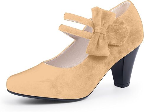 Women's Bow Mary Janes Shoes Closed Toe Block High Heel Dress Pumps in Saudi Arabia
