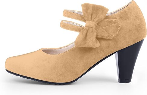 Women's Bow Mary Janes Shoes Closed Toe Block High Heel Dress Pumps in Saudi Arabia