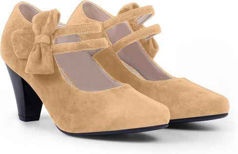 Women's Bow Mary Janes Shoes Closed Toe Block High Heel Dress Pumps in Saudi Arabia