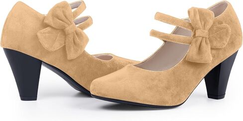 Women's Bow Mary Janes Shoes Closed Toe Block High Heel Dress Pumps in Saudi Arabia