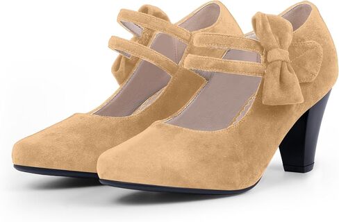 Women's Bow Mary Janes Shoes Closed Toe Block High Heel Dress Pumps in Saudi Arabia