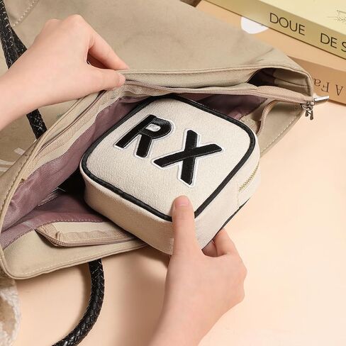 Small Canvas Rx Medicine Packages, Cute Chenille Letter Patch Drug Makeup Bag with Metal Zipper, Mini Travel First Aid Purse Organizer Machine Washable (01Beige) in Saudi Arabia