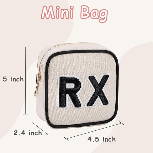 Small Canvas Rx Medicine Packages, Cute Chenille Letter Patch Drug Makeup Bag with Metal Zipper, Mini Travel First Aid Purse Organizer Machine Washable (01Beige) in Saudi Arabia