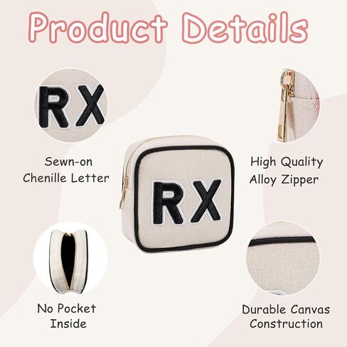 Small Canvas Rx Medicine Packages, Cute Chenille Letter Patch Drug Makeup Bag with Metal Zipper, Mini Travel First Aid Purse Organizer Machine Washable (01Beige) in Saudi Arabia