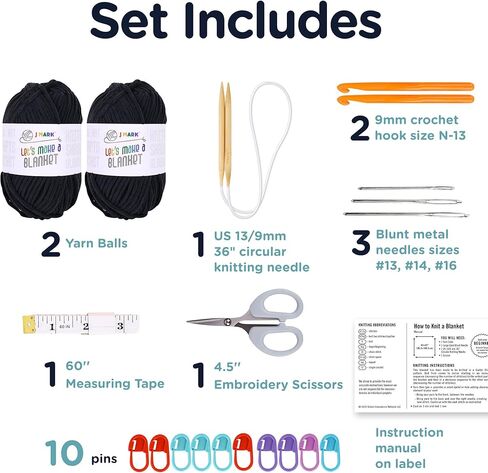 خيوط بطانية مكتنزة للحياكة من جي مارك، 437 ياردة. 28 أونصة. (800 جم) & كروشيه، كرات غزل سميكة، إبرة حياكة دائرية، خطافات كروشيه، شريط قياس، مقص، دبابيس، إبر معدنية غير حادة، دليل الاستخدام in Kuwait