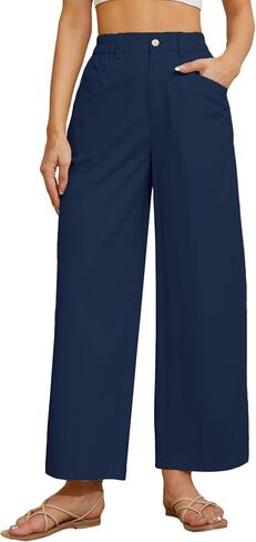 TBA Wide Leg Pants for Women Lightweight Cotton Straight Trousers with Pockets Elastic High Waist Button Lounge Pants in Saudi Arabia