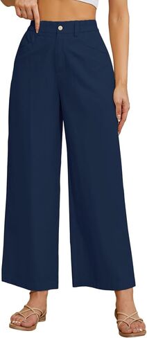 TBA Wide Leg Pants for Women Lightweight Cotton Straight Trousers with Pockets Elastic High Waist Button Lounge Pants in Saudi Arabia