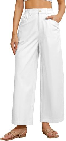 TBA Wide Leg Pants for Women Lightweight Cotton Straight Trousers with Pockets Elastic High Waist Button Lounge Pants in Saudi Arabia