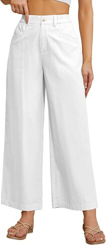 TBA Wide Leg Pants for Women Lightweight Cotton Straight Trousers with Pockets Elastic High Waist Button Lounge Pants in Saudi Arabia