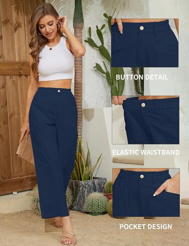 TBA Wide Leg Pants for Women Lightweight Cotton Straight Trousers with Pockets Elastic High Waist Button Lounge Pants in Saudi Arabia