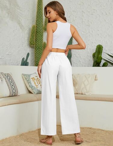 TBA Wide Leg Pants for Women Lightweight Cotton Straight Trousers with Pockets Elastic High Waist Button Lounge Pants in Saudi Arabia
