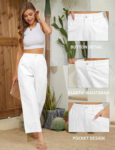 TBA Wide Leg Pants for Women Lightweight Cotton Straight Trousers with Pockets Elastic High Waist Button Lounge Pants in Saudi Arabia