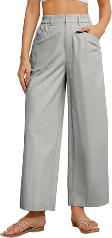 TBA Wide Leg Pants for Women Lightweight Cotton Straight Trousers with Pockets Elastic High Waist Button Lounge Pants in Saudi Arabia