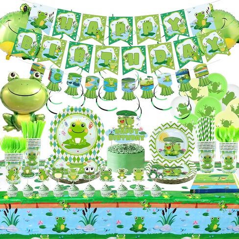 Frog birthday Party Decoration, Frog Party Supplies Tableware Includes Paper Plates, Balloons and HAPPY BIRTHDAY Banner for Green Frog Camping Baby Shower Kids Birthday Dinnerware Party, Serves 20 in Kuwait