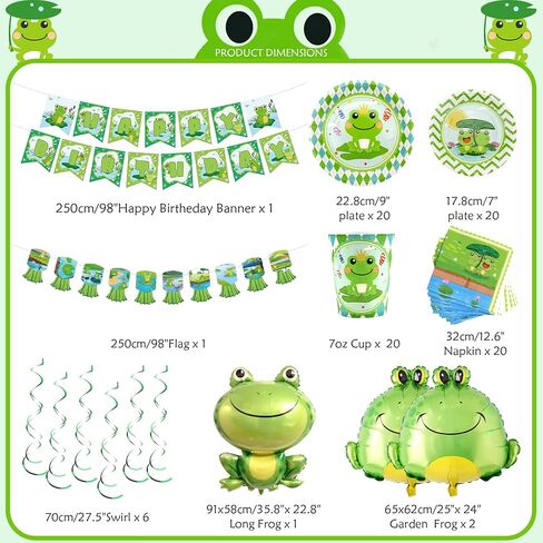 Frog birthday Party Decoration, Frog Party Supplies Tableware Includes Paper Plates, Balloons and HAPPY BIRTHDAY Banner for Green Frog Camping Baby Shower Kids Birthday Dinnerware Party, Serves 20 in Kuwait