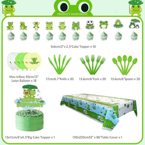 Frog birthday Party Decoration, Frog Party Supplies Tableware Includes Paper Plates, Balloons and HAPPY BIRTHDAY Banner for Green Frog Camping Baby Shower Kids Birthday Dinnerware Party, Serves 20 in Kuwait