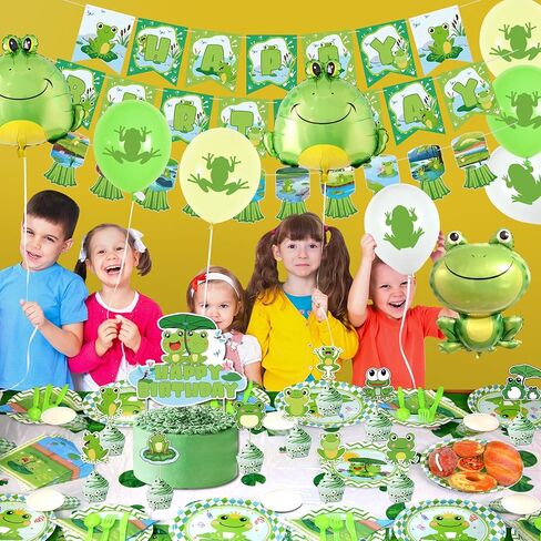 Frog birthday Party Decoration, Frog Party Supplies Tableware Includes Paper Plates, Balloons and HAPPY BIRTHDAY Banner for Green Frog Camping Baby Shower Kids Birthday Dinnerware Party, Serves 20 in Kuwait