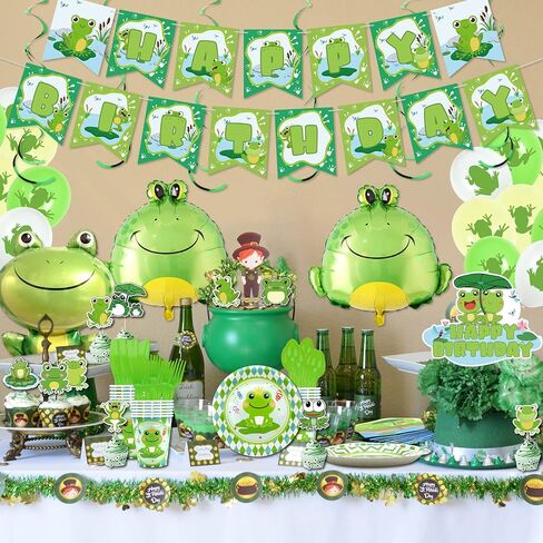 Frog birthday Party Decoration, Frog Party Supplies Tableware Includes Paper Plates, Balloons and HAPPY BIRTHDAY Banner for Green Frog Camping Baby Shower Kids Birthday Dinnerware Party, Serves 20 in Kuwait