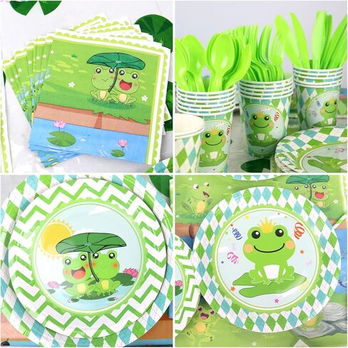 Frog birthday Party Decoration, Frog Party Supplies Tableware Includes Paper Plates, Balloons and HAPPY BIRTHDAY Banner for Green Frog Camping Baby Shower Kids Birthday Dinnerware Party, Serves 20 in Kuwait