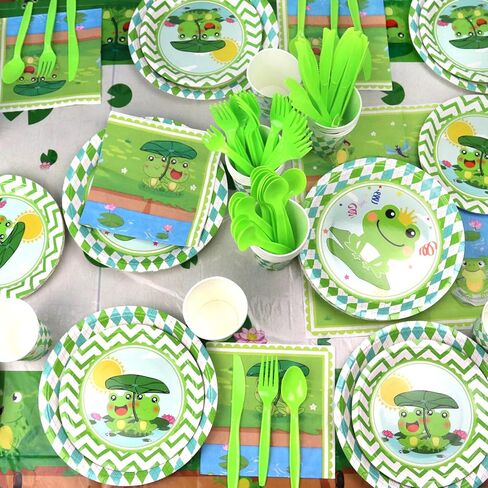 Frog birthday Party Decoration, Frog Party Supplies Tableware Includes Paper Plates, Balloons and HAPPY BIRTHDAY Banner for Green Frog Camping Baby Shower Kids Birthday Dinnerware Party, Serves 20 in Kuwait