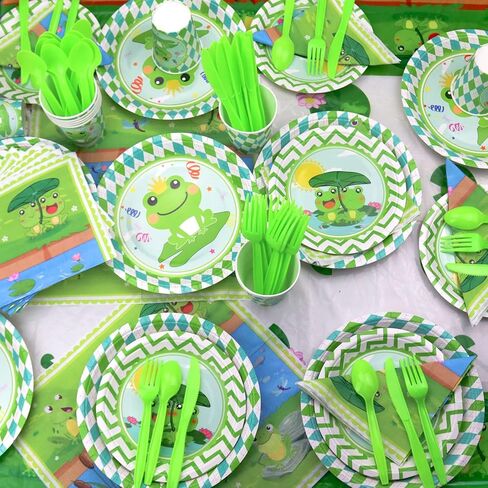 Frog birthday Party Decoration, Frog Party Supplies Tableware Includes Paper Plates, Balloons and HAPPY BIRTHDAY Banner for Green Frog Camping Baby Shower Kids Birthday Dinnerware Party, Serves 20 in Kuwait