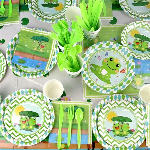 Frog birthday Party Decoration, Frog Party Supplies Tableware Includes Paper Plates, Balloons and HAPPY BIRTHDAY Banner for Green Frog Camping Baby Shower Kids Birthday Dinnerware Party, Serves 20 in Kuwait
